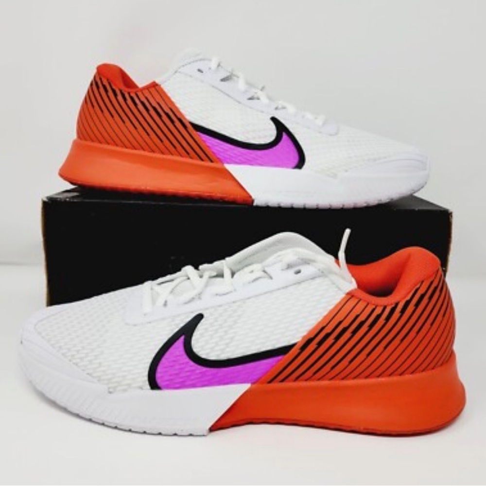 Nike White and Orange Sneakers with Purple Swoosh